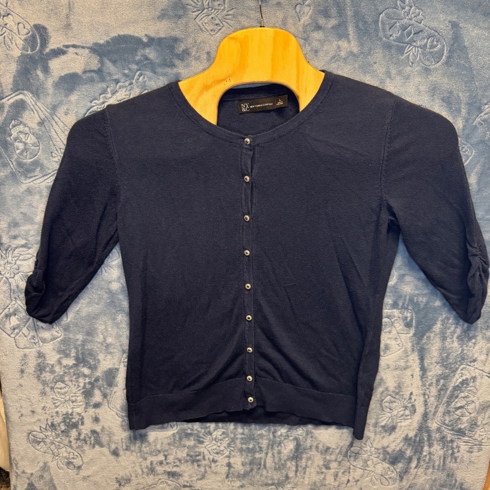 1822 | NY&C Navy Blue Rhinestone Button Ruched 3/4 Sleeve Cardigan Large